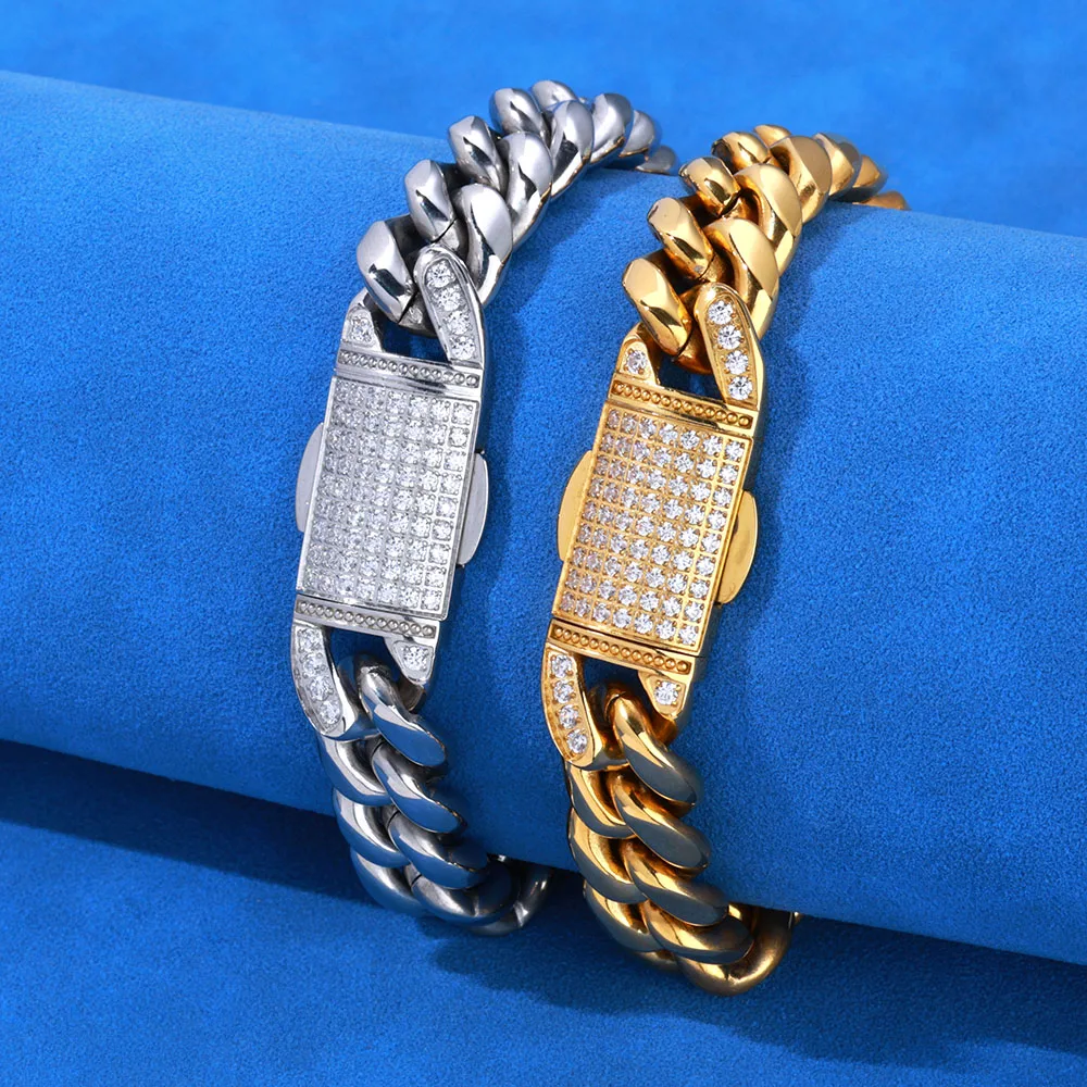 NUOYA 12mm Stainless Steel Cuban Link Chain Bling Moissanite Diamond Clasp Design 18K Gold Plated Miami Cuban Link Bracelet..