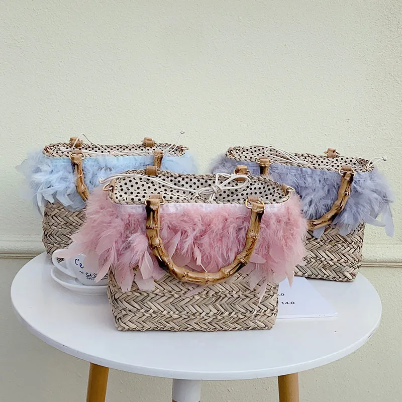 New Style Ostrich Hair Feather Straw Woven Bag Hand-Woven Bag Rattan Bag Portable Travel Handbag Beach Bag