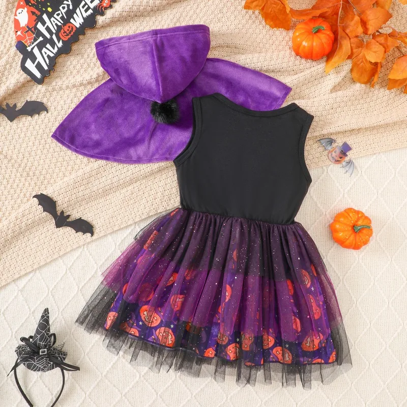 Pumpkin Boy Cape Baby Romper Dress Black Purple Tulle Halloween Newborn Infant Toddler Costume Outfit Clothes