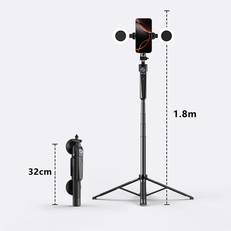 Trípode Extensible de 1.7m con Anillo de Luz LED Dual y Soporte para Espejo, 4 en 1, para iPhone 16, 15, 14 y Android