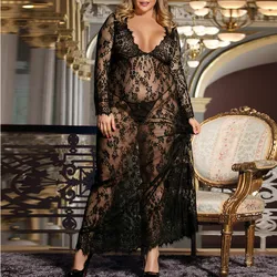 Hot Women'S Sexy Lace Long Sleeve Floor Length Dress Women Negligee Nightie Lingerie Lace Beautiful Black Lingerie Long dresses