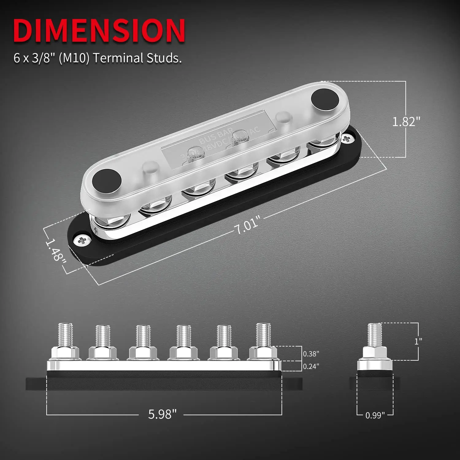 300A Bus Bar 12V Marine 12V Power Distribution Block with Cover 6 x  (M10) Terminal Studs Max 300V AC 48V DC Positive