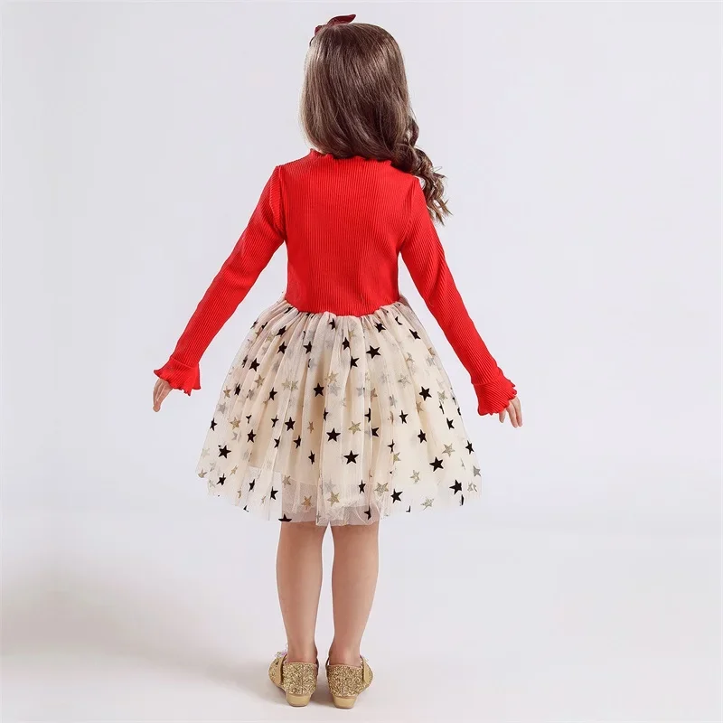 New Girl Autumn Winter Long Sleeve Dress Star Sequin Party Princess Dress Children Casual Clothing Fashion Knitted Tutu Clothing