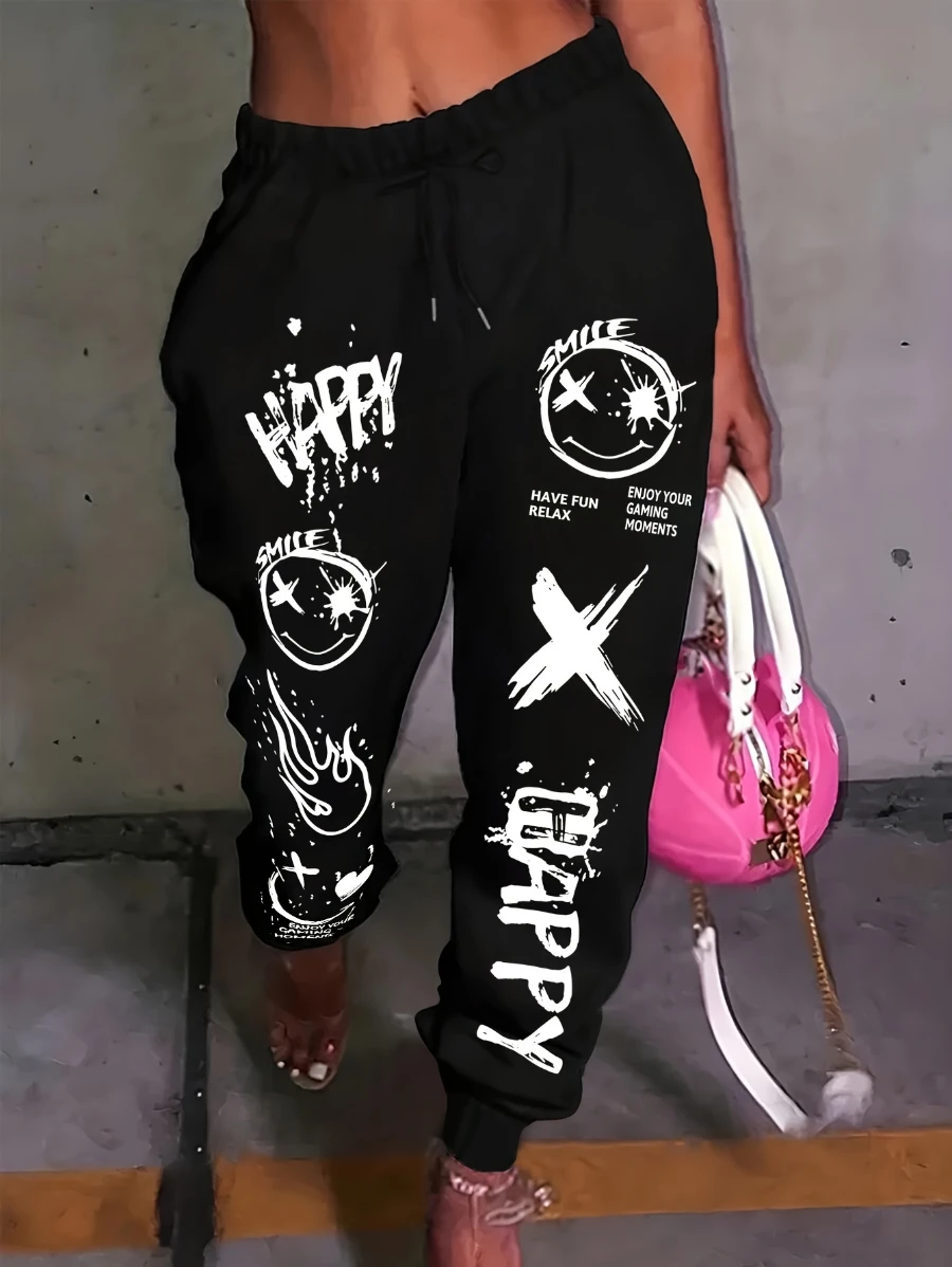 Graphic Print Trousers, Elastic Waist Casual Pants, Women Comfortable To Wear, Y2K Retro Hip-hop Digital Print Pants for Women