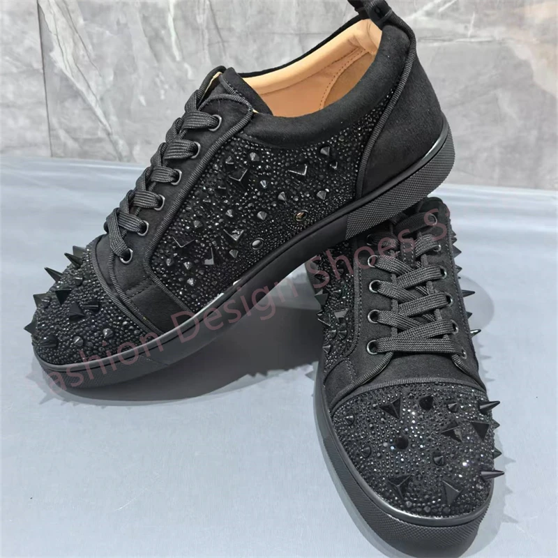 

Shiny Black Crystal Studs Lovers Women/Men Casual Shoes Lace up Spike Rivets Flats Shoes Plus Size 40-47