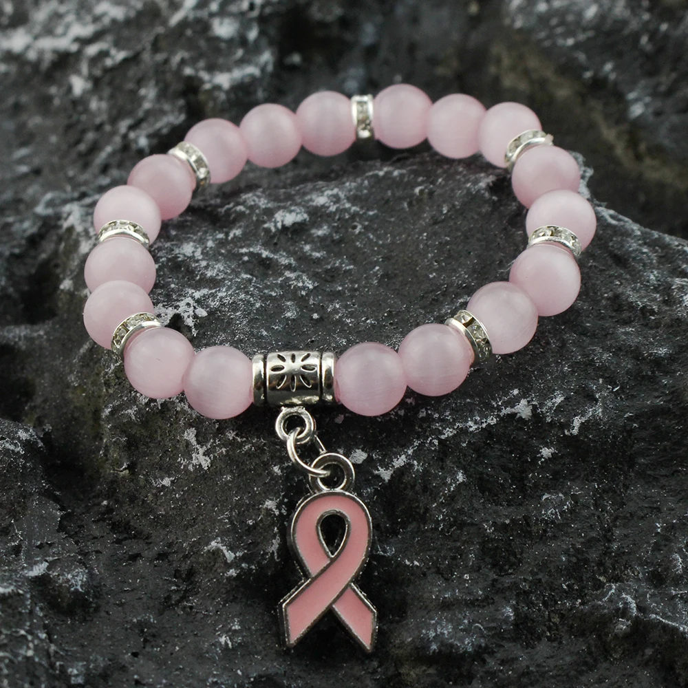 Natural Pink Quartz Bracelet Breast Cancer Awareness Pink Ribbon Pendant Charm Bracelets For Women Bangles Fashion Cute Jewelry