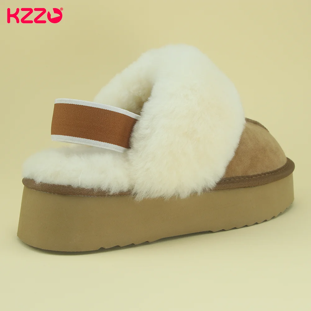 KZZO Winter Sheepskin Fur Women\'s Home Platform Slippers Elastic Bands Thick Sole Casual Indoor Natural Wool Lady Warm Shoes