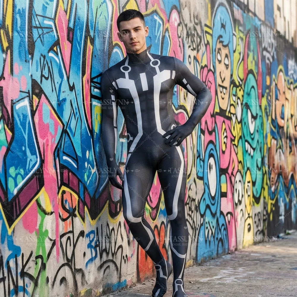 Traje Zentai de Cosplay TRON, Mono con Líneas Circulares en Blanco y Negro, Disfraz de Superhéroe de Ciencia Ficción para Hombre, para Halloween y Comic Con