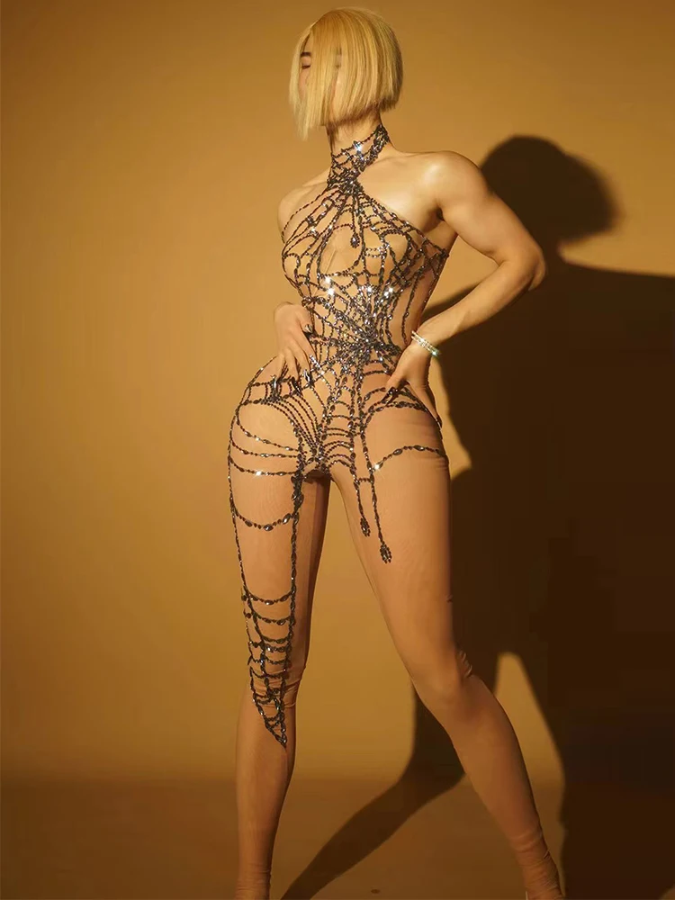 

Sparkly Rhinestones Sexy See Through Jumpsuit Stage Performance Costume Birthday Party Celebrate Dancer Nightclub Event Outfit