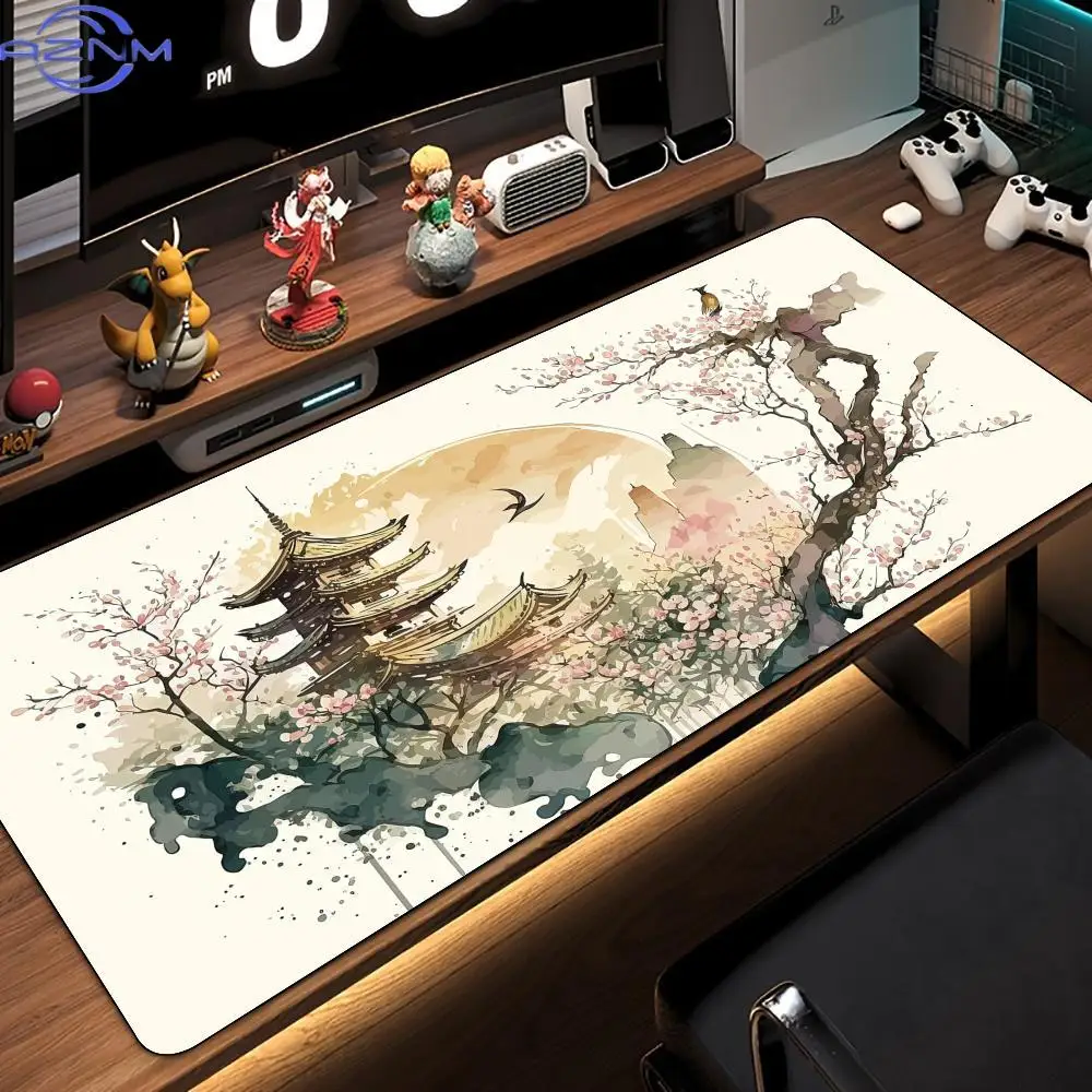 Ink Wash Style Cherry Blossom Pagoda Scenery Large Mouse Pad Desk Mat PC Accessories Gaming Pad Office Rug Mouse Carpet Mousemat