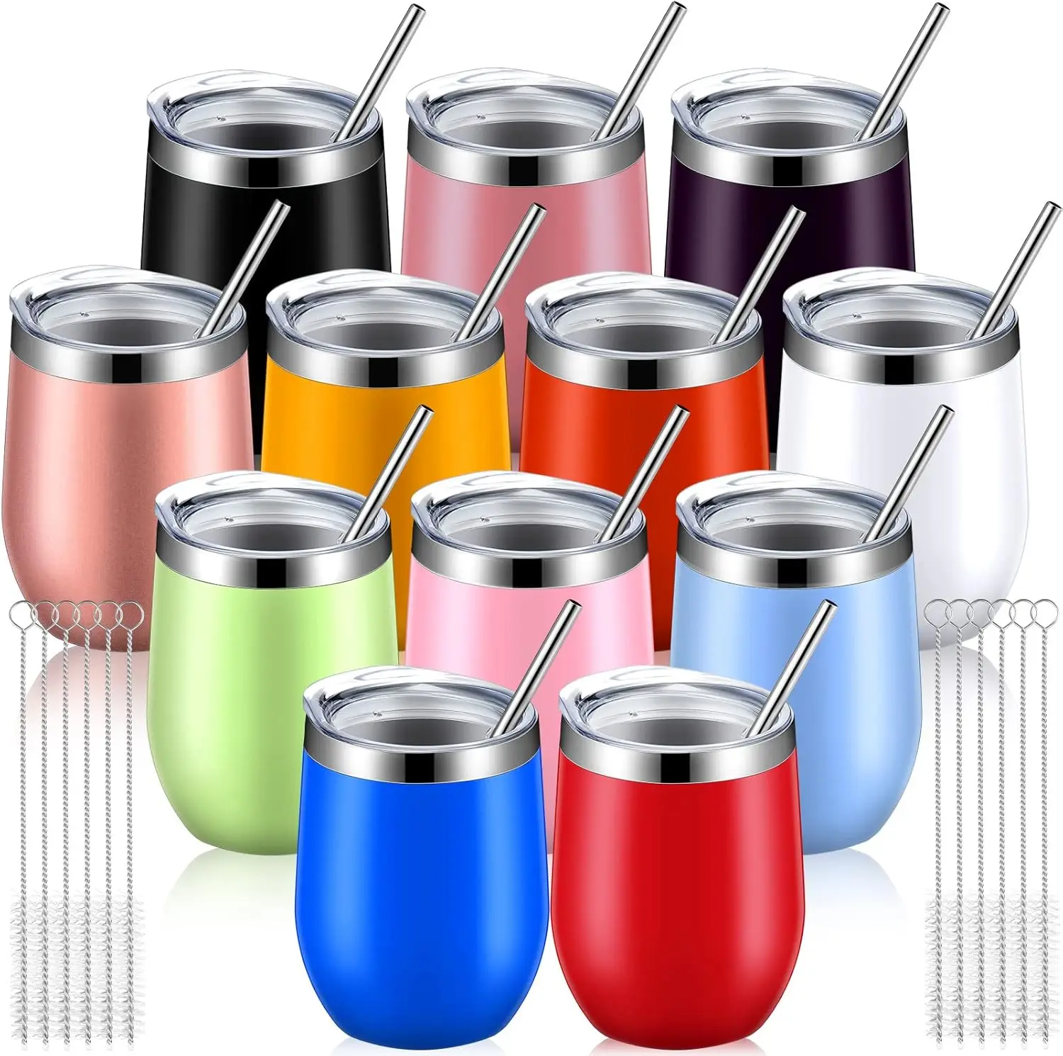 12 Pack Stainless Steel Stemless Wine Tumblers, 12 oz Double Layer Vacuum Wine Tumbler Cups with Lids and Straws, Stemless Insul