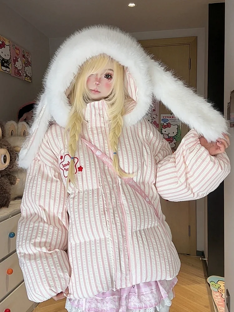 

Pink Striped Kawaii Parkas Women Sweet Rabbit Ears Hooded Warm Puffy Coats Japan Cute Long Sleeve Winter Fashion Letter Jacket
