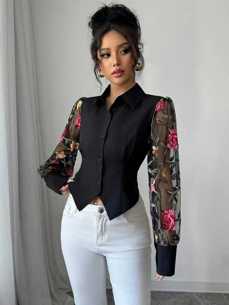 

Zadily 2025 Women's Black Turn-Down Collar Blouse Floral Embroidery Sheer Mesh Lantern Sleeve Cropped Button Front Fall Top