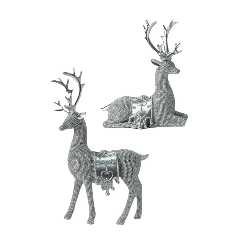 Christmas Resins Reindeer 2Pieces Figurines Ornaments Festival Deer Elk Standing Sitting Sculpture for Home and Office