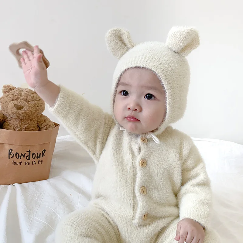 Faux Fur Newborn Romper for Girls Boys Clothes Winter Jumpsuit Hat Set 2PCS Baby Bodysuit Soft Warm Toddler Infant Outfit Korean