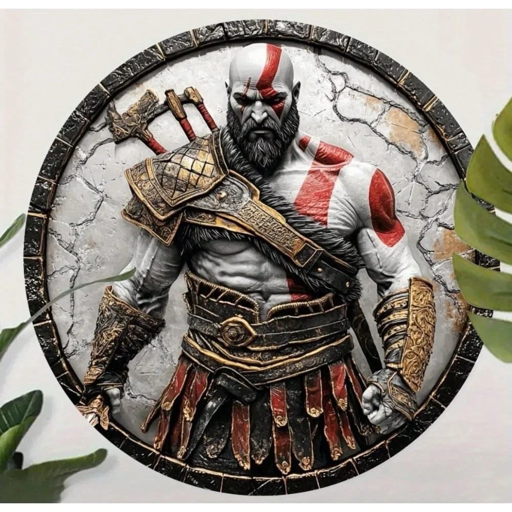 8inch Kretoes 2D Flat Metal Circular Wall Panels, Individually Packaged, God of War Tin Electronic Game Art, Perfect for Themed Spaces, Novelty Item