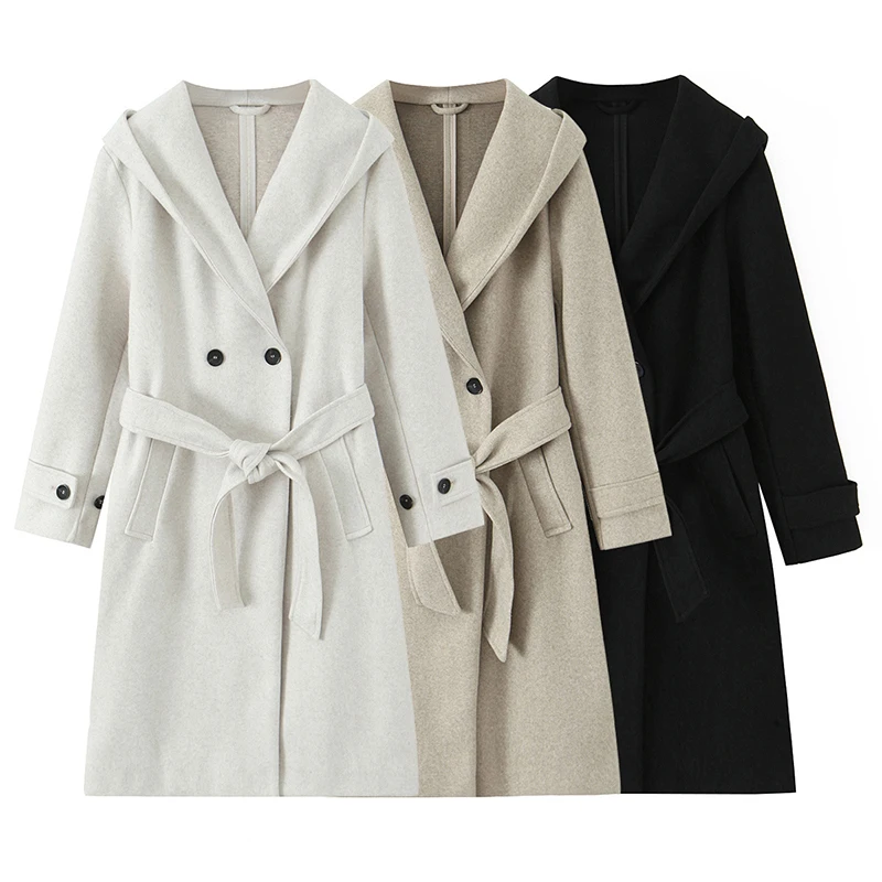 

Willshela Women Fashion With Belt Double Breasted Long Trench Coats Vintage Hooded Collar Full Sleeves Female Chic Lady Outfits