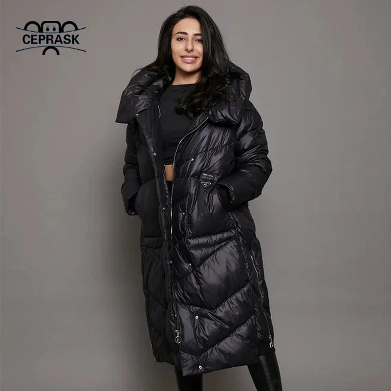 CEPRASK 2023 New Fashion Winter Quilted Coat Women X-Long High Quality Cotton Parkas Hooded Outerwear Warm Thick Woman Jacket