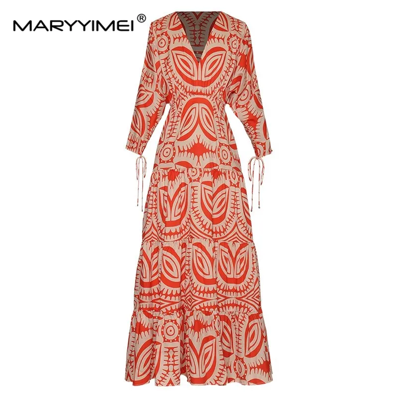 

MARYYIMEI Spring Summer Fashion Women's dress V-neck Nine quarter sleeves Vintage Printed Long Dresses