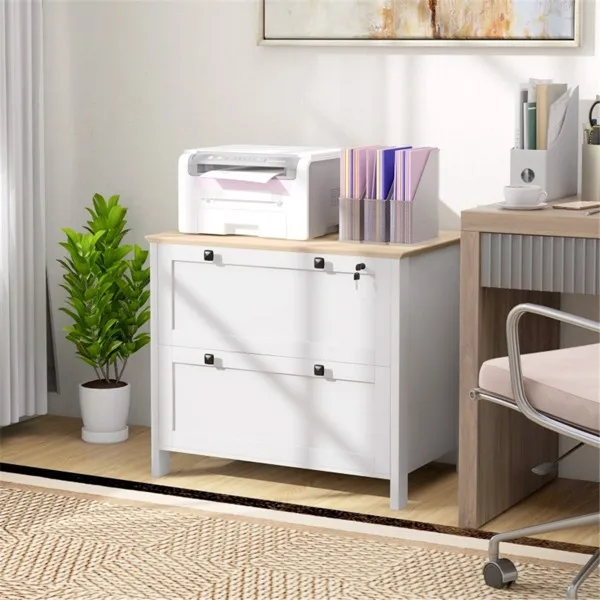 

2 Drawer Wood Lateral File Cabinet with Anti-tilt Mechanism, Storage Filing Cabinet for Home Office, White