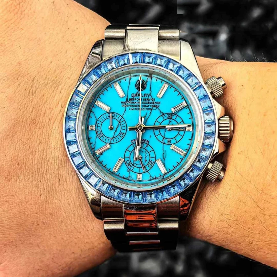 OKPLAY Men Chronograph Watch 39.5mm Modified Customized Quartz Wristwatch Turquoise Dial Sapphire 100M Waterproof Triple Windows