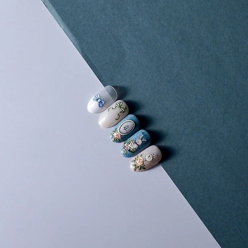 Rose Foto rahmen schöne Kaninchen weich geprägte Reliefs selbst klebende Nail Art Aufkleber niedlichen Bowknot Maniküre Aufkleber