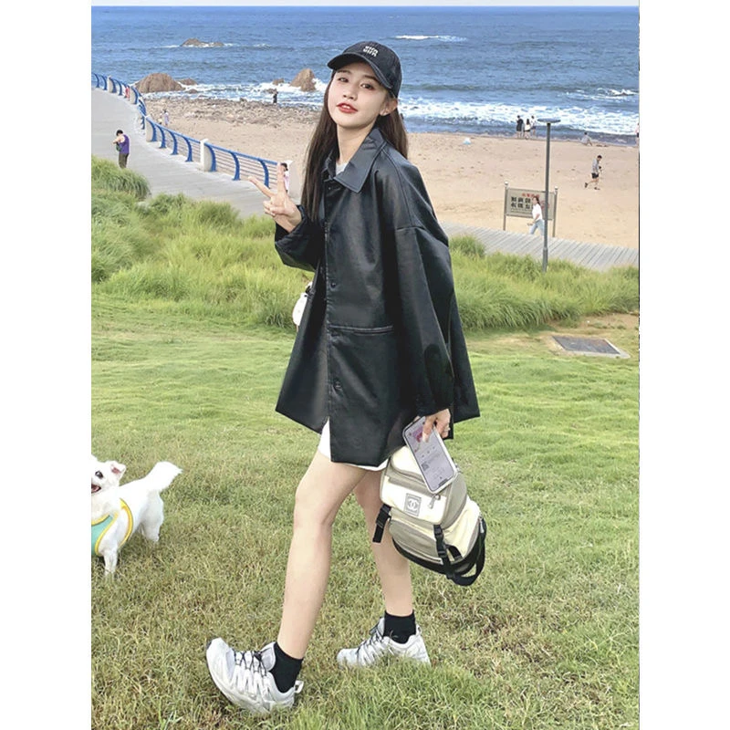 Giacca in Pelle Nera da Donna, Stile Casual con Colletto Rovesciato, Design Retrò Hong Kong, Cappotto in Pelle PU alla Moda, Novità Primavera-Autunno