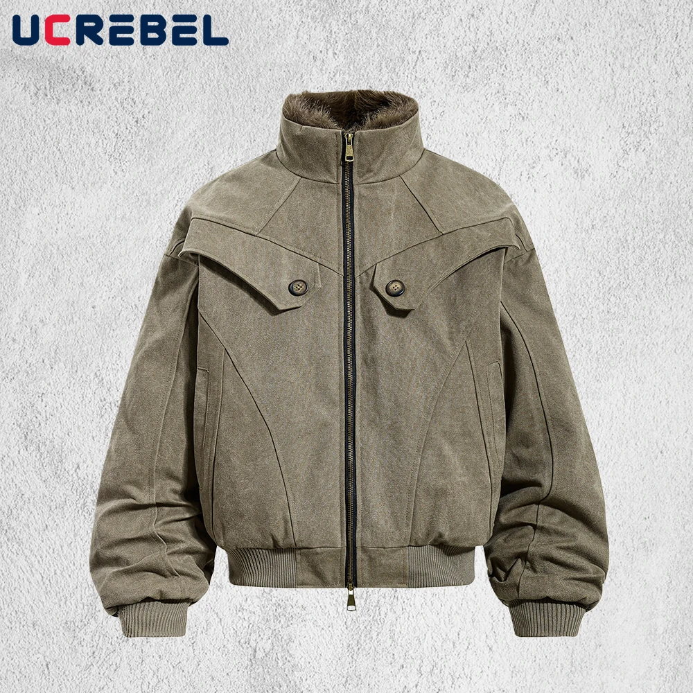 

Spliced Stand Collar Quilted Jacket Mens Retro Distressed Streetwear Fur Collar Long Sleeve Thick Outerwear Man