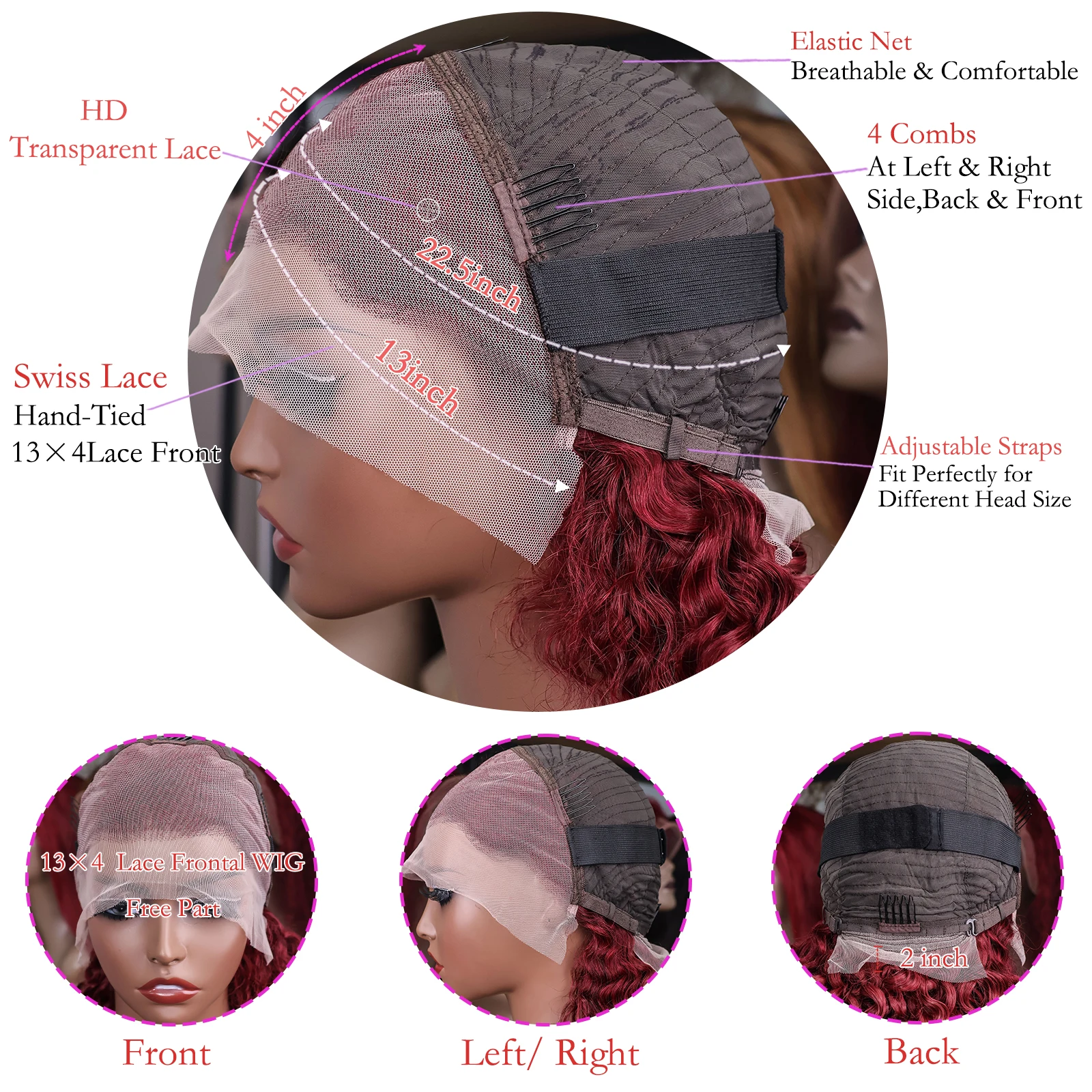 99j Bordeaux Krullend Bob Pruik Echt haar Diepe golf 13x4 Hd Kanten Voorkant Pruik 200% Haardichtheid Kort Bordeaux Watergolf Pruik van echt haar