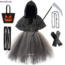 Halloween Party Cosplay Kinder Mädchen Tod schwarzer Umhang Halloween Schädel Skelett Ball Kostüm Requisite Set Tod Cosplay Kostüm