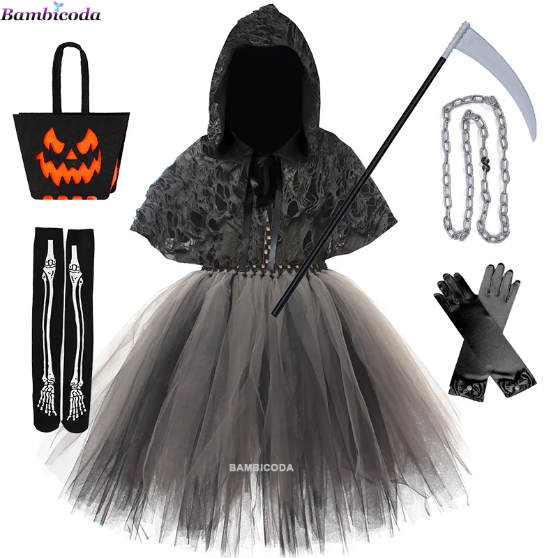 Halloween Party Cosplay Children Girls Death Black Cloak Halloween Skull Skeleton Ball Costume Prop Set Death Cosplay Costume