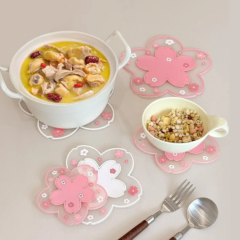 Simple Silicone Cherry Blossom Pattern Coasters Heat Insulation Mats Non-slip High Temperature Pot Mat Kitchen Useful Novelties