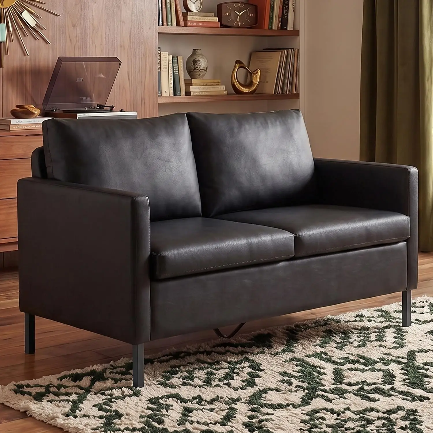 Black Faux Leather Small Couch Loveseat, 2-Seater for Living Room | Love Seat, Mini Couch, Small Sofa, Modern