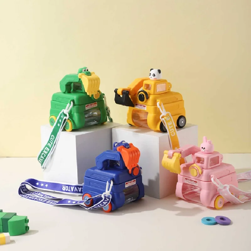 

Cartoon Excavator Kids Water Bottle - 500ml Leakproof Straw Cup, Cute Outdoor Plastic Tumbler with Handle for Travel/School