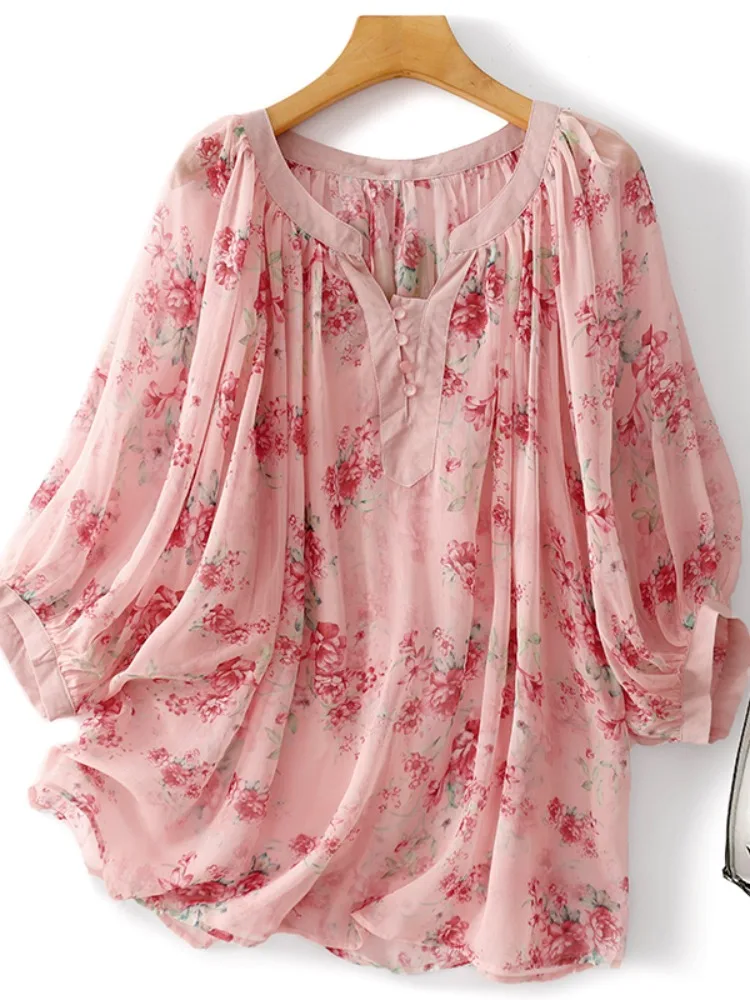 

Retro Floral Lantern Sve irt Women's Summer High-End Doll irt Ele Top Cotton Blend Loose Fit Printed Casual irt