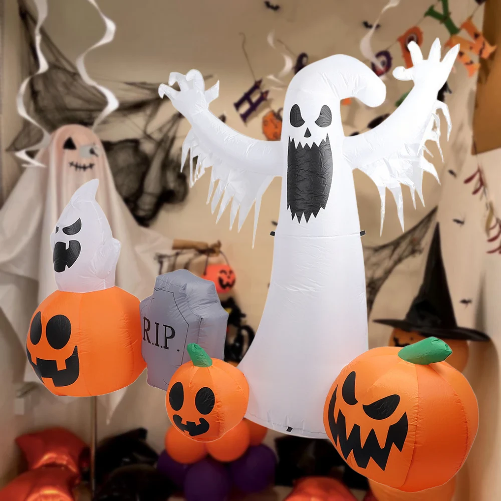 2,3M Halloween opblaasbare pompoen witte geest grafsteen ingebouwde LED-verlichting Halloween Party Indoor Outdoor opblaasbaar ornament
