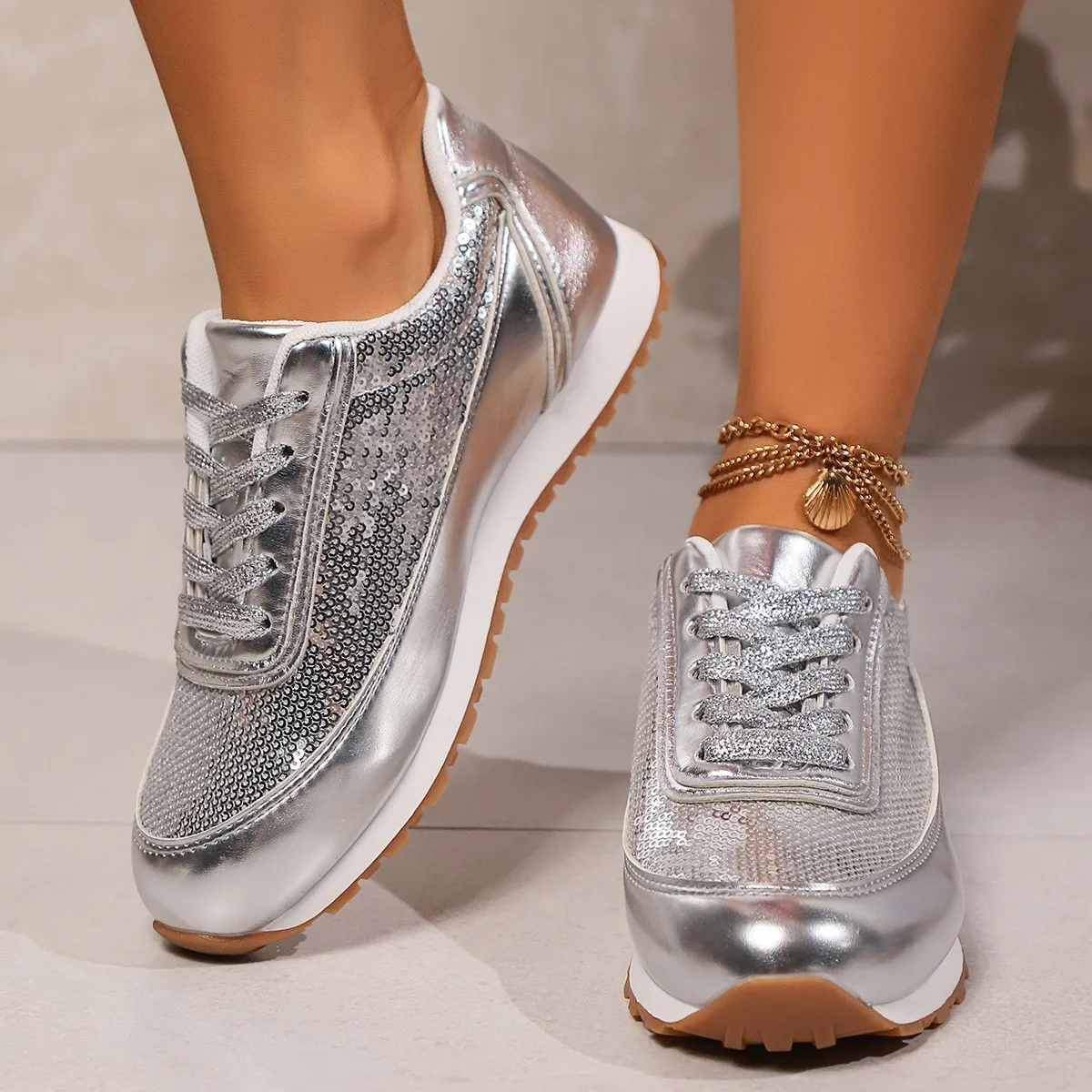 Sequined Sneakers Women Shoes Autumn Platform Non-slip Womens Walking Casual Shoes Silver Breathable Shoes for Women Big Size 43