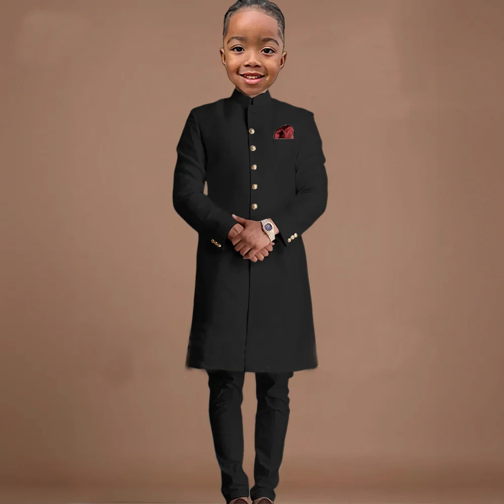 Black Boy Suits 2 Piece Long Jacket Pants For Wedding Stand Collar African Outfits Child Blazer Slim Fit Customized Set