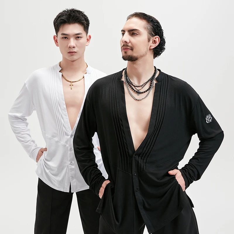 

Fashion V-Neck Latin Dance Tops Men'S Waltz Ballroom Dance Shirt Adults Long Sleeves Latin Dancing Top Modern Dancewear SL12953