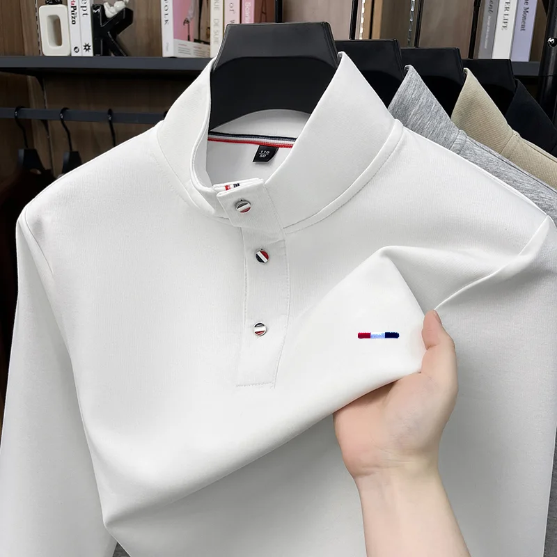 Herren-Langarm-T-Shirt mit hohem Kragen, Knopfleiste, exquisitem Muster, Stickerei, hautfreundlich, farbecht, Herbst-Freizeitmode, Herrenbekleidung – Detail 2