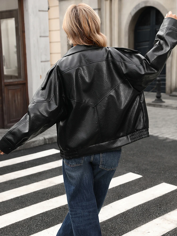 Ailegogo Vintage Chic Black Faux Leather Jackets Women Long Sleeve Button Elastic Oversized Coats Spring Autumn Streetwear Coats