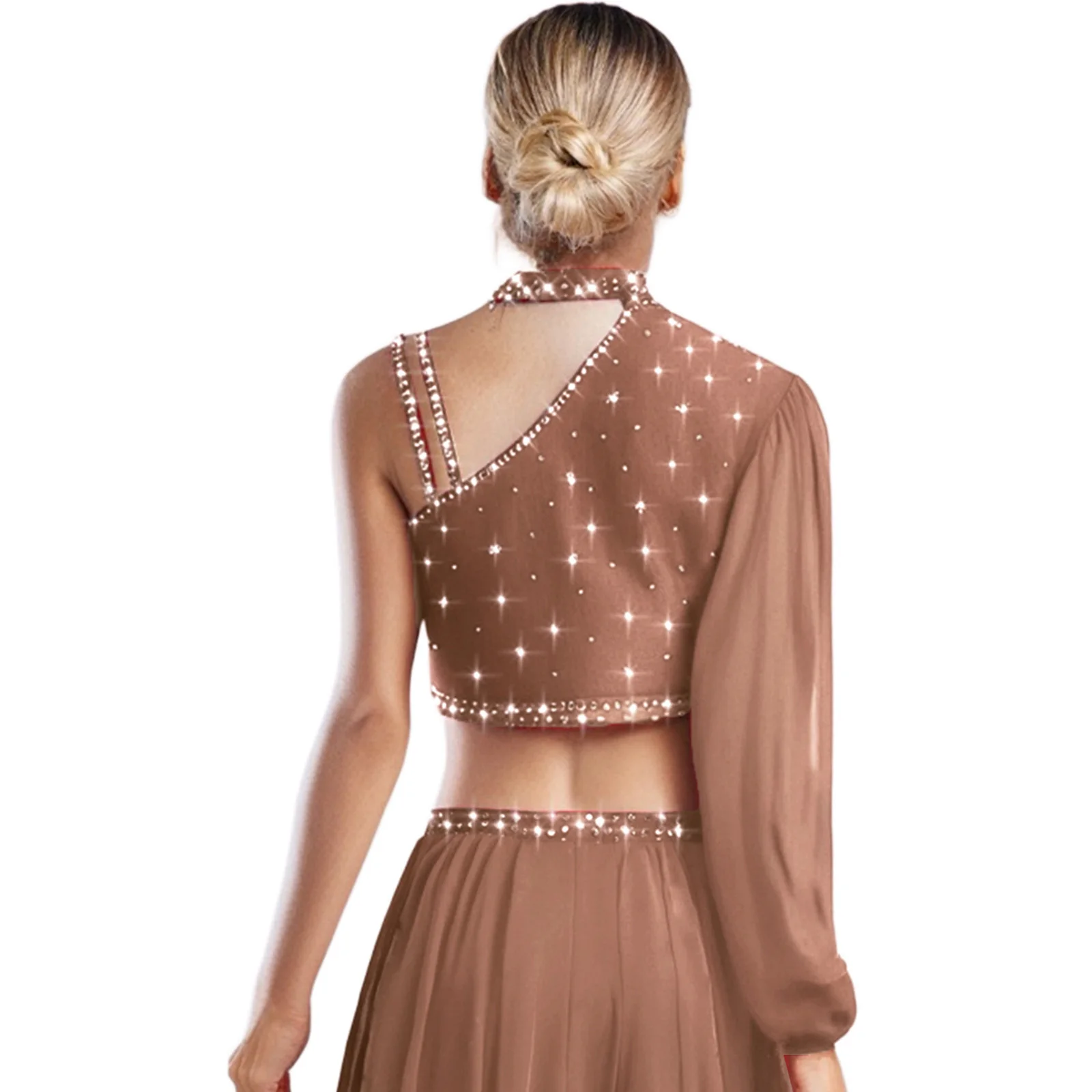 

Women Contemporary Lyrical Dance Costume Asymmetrical Sheer Mesh Long Sleeve Rhinestone Crop Top with Skirt Ballet Dancewear