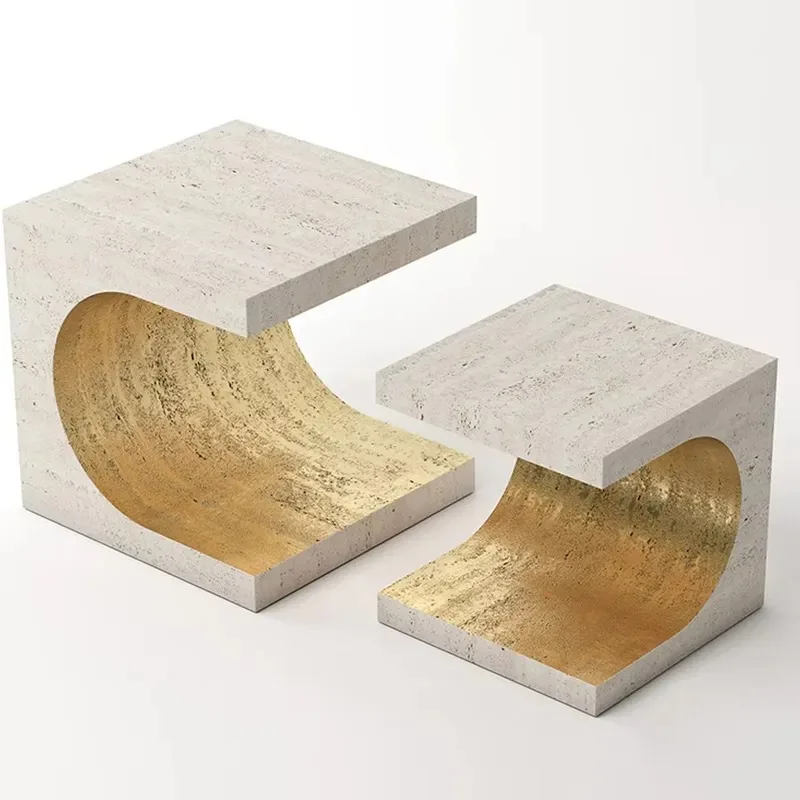 Nordic luxury gold limestone small side table designer department living room sofa bedside table