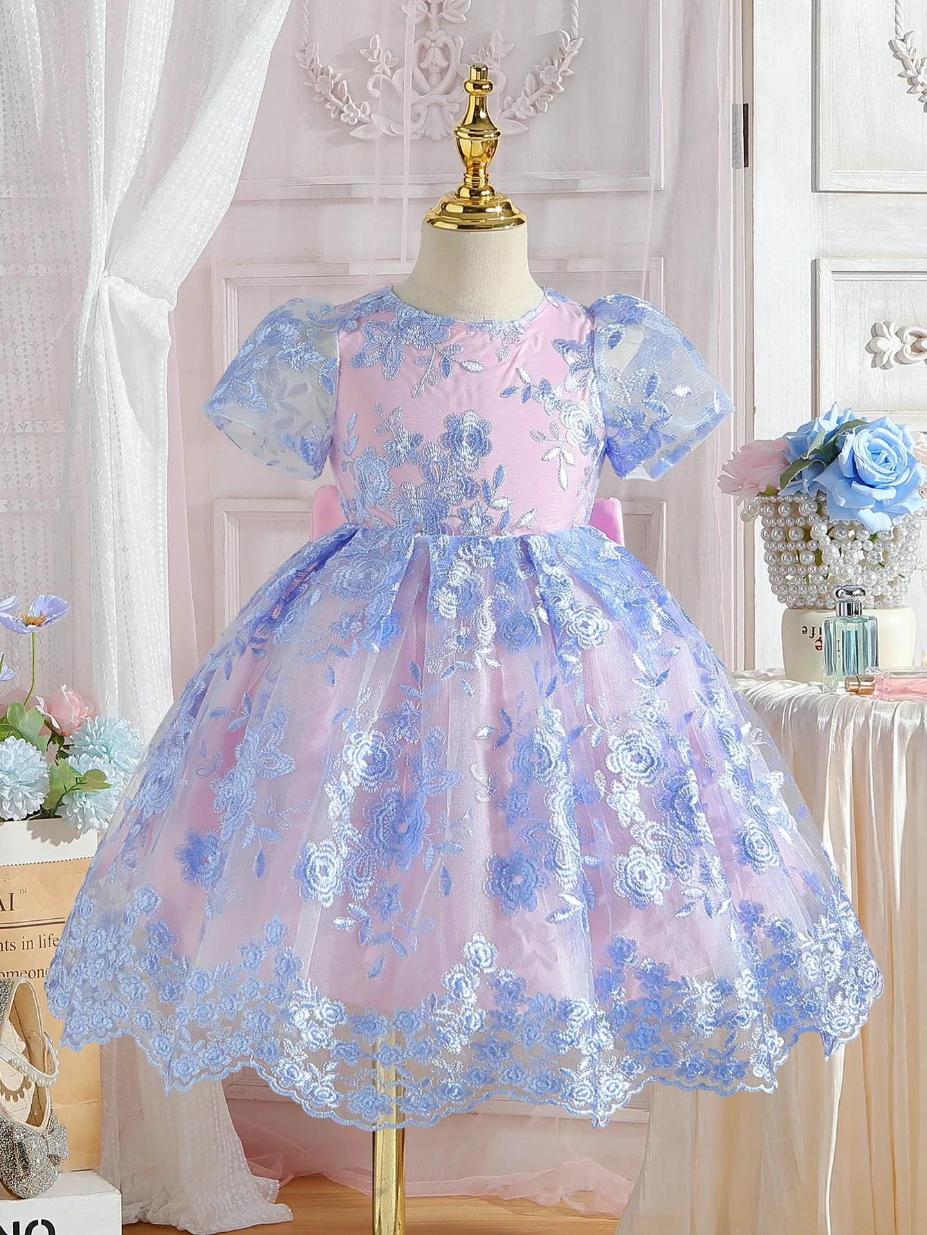 

Girls' European style bow puffy skirt summer embroidery lace pink blue princess dress