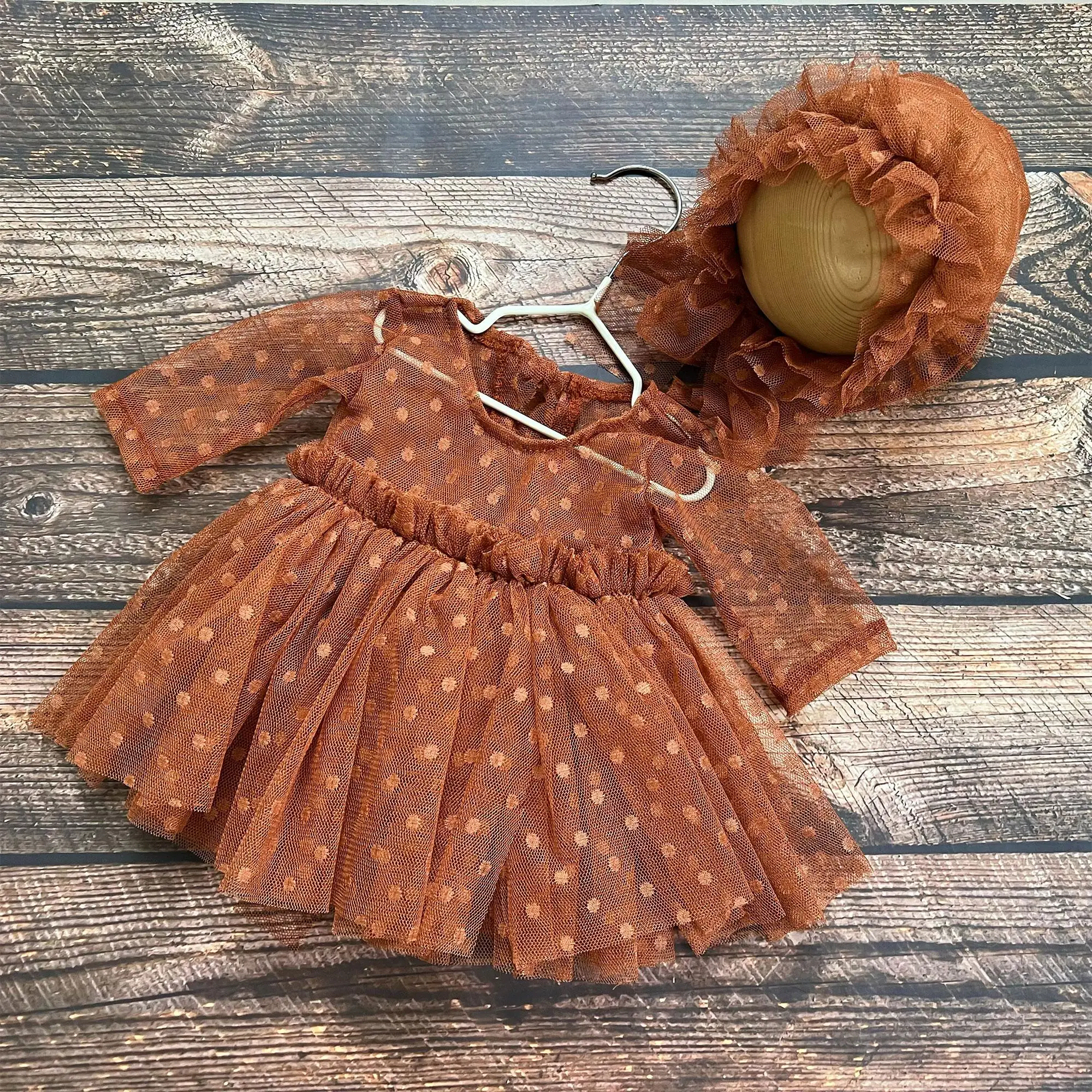 Don&Judy Princess Girl Dress Mesh Polka Dot Long Sleeves Tulle With Hat Set Baby Girl For Birthday Gift Photo Shoot Clothing