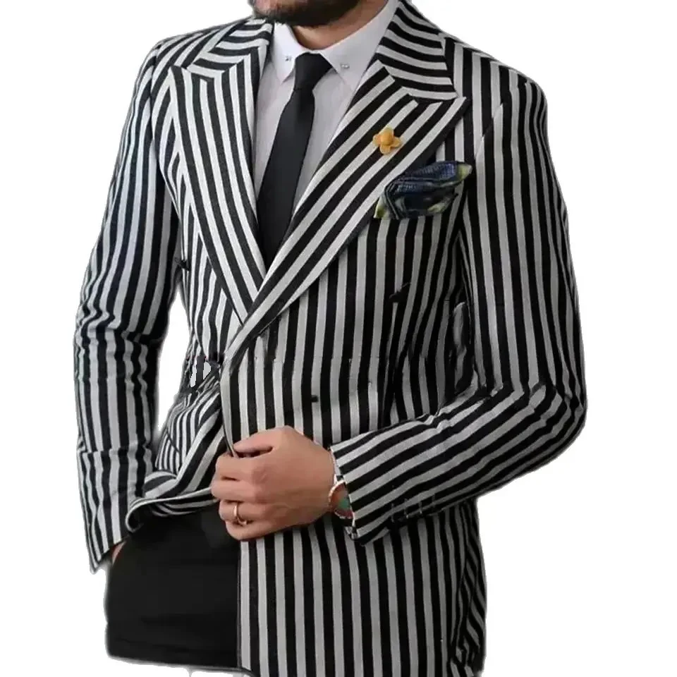 Men\'s Suits Luxury Double Breasted Peak Lapel Blazer Black and White Stripe Elegant 2 Pieces Tailor Made Jacket Pants Slim Fit