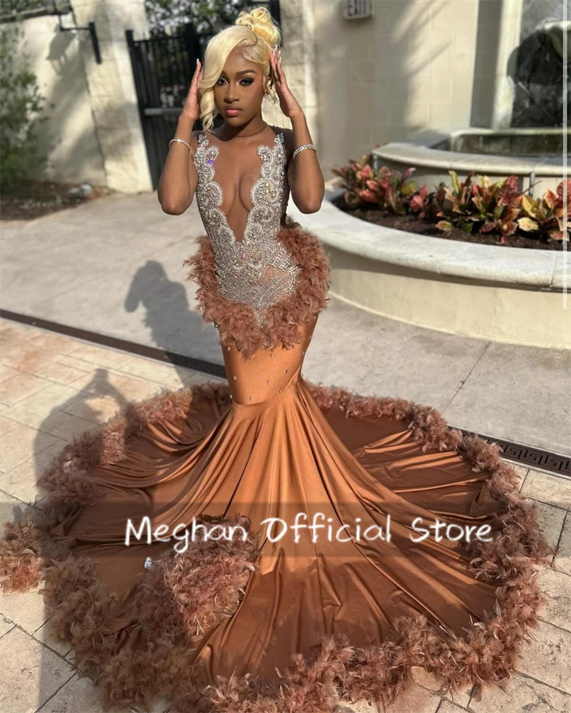 Brown Long Prom Dresses For Black Girls Bead Crystal 2024 Birthday Luxury Dress Feather Graduation Gown Customized