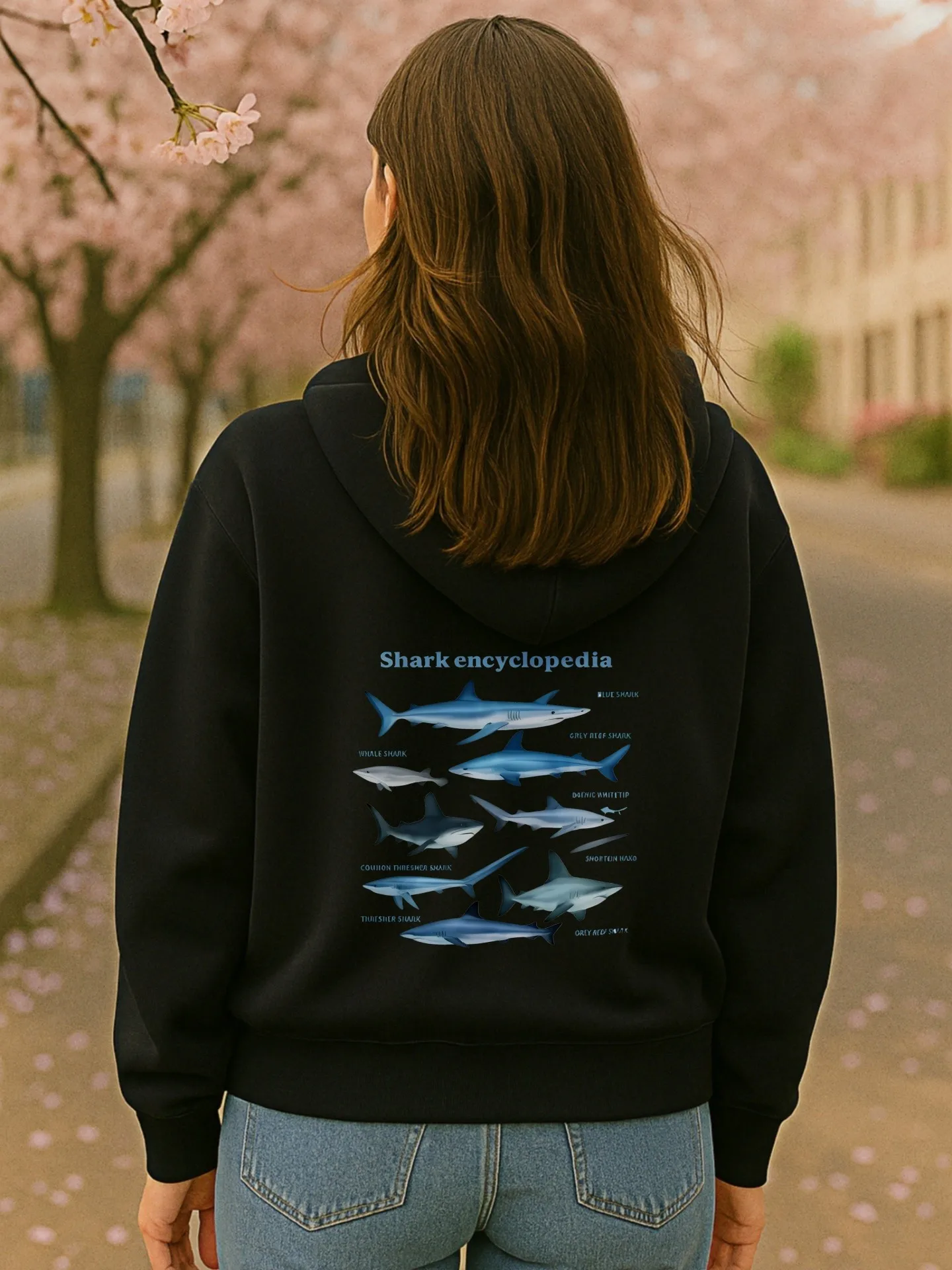Sudadera con capucha gráfica para mujer, diseño estético con estampado de tiburones, uso diario informal, tela cómoda, para adolescentes