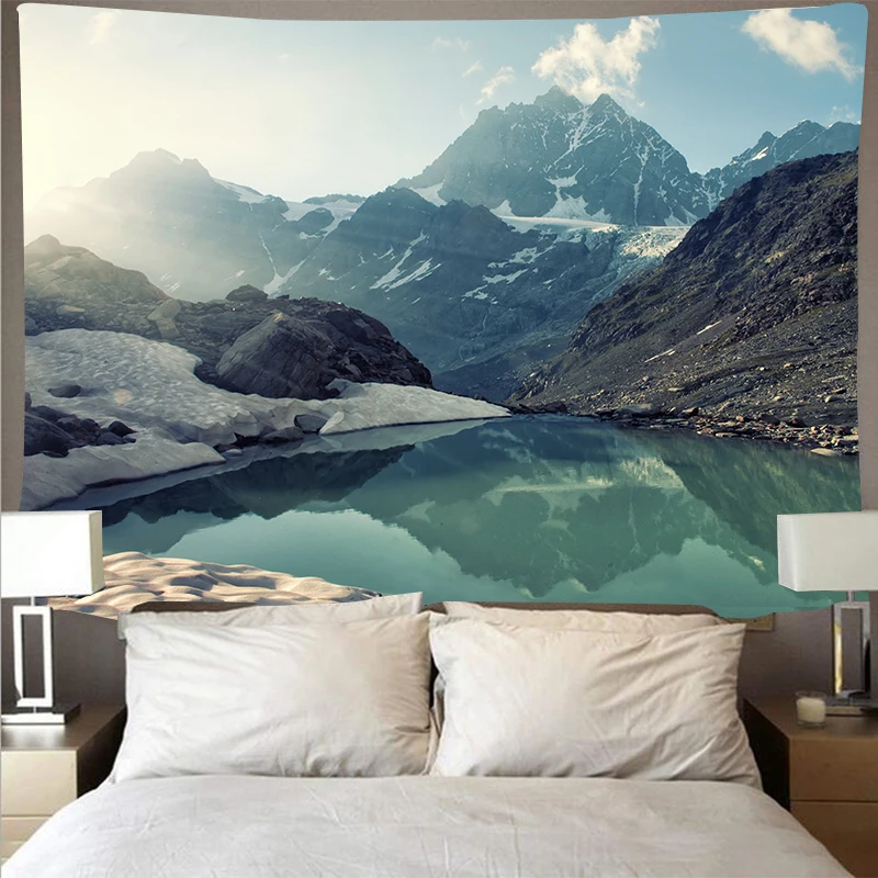 Mountain Blue Lake Tapestry Wall Hanging Landscape Green Grassland Art Wall Cloth Thin Ceiling Decor Blanket Background Cloth