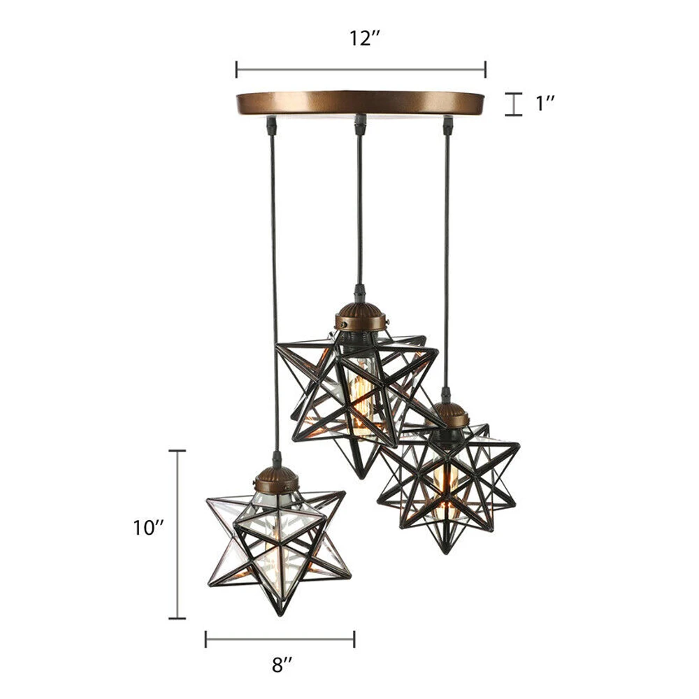 110V-250V Brown Mid-Century Moravian Star Pendant Light Fixtures 3 Heads Metal Glass Shade Ceiling Light